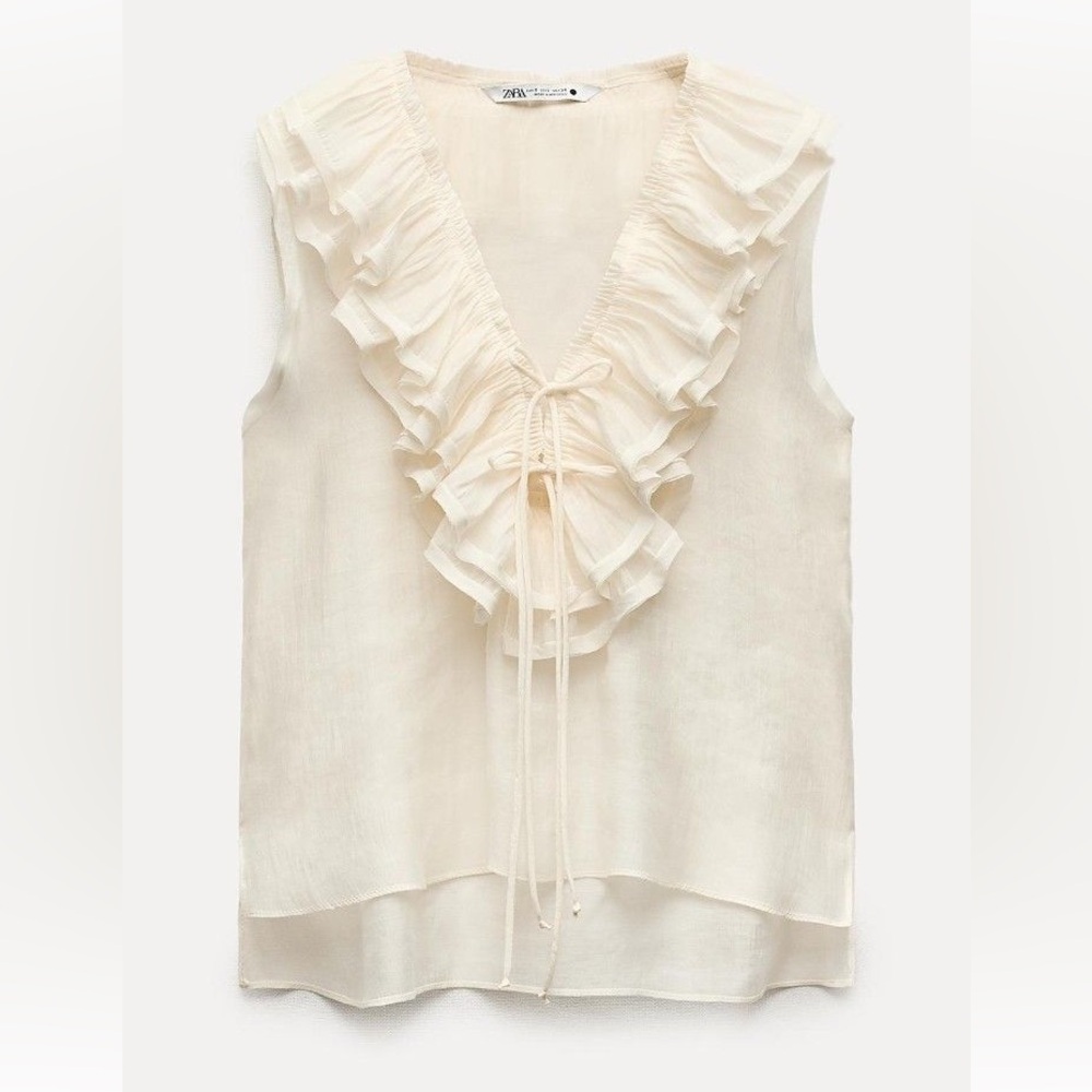 ZARA | Ruffled Blouse with a v-neck tie closure Elegant Cream Ruffled Top sheer